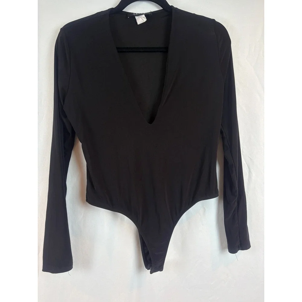 Akira Womens Deep V Neck Long Sleeve Thong‎ Bodysuit Black XL